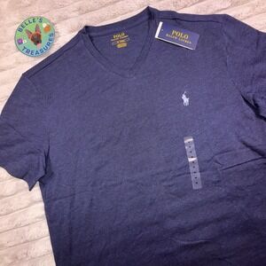 Polo Ralph Lauren Medium Classic Fit Soft Cotton V-Neck Shirt Derby Blue Heather